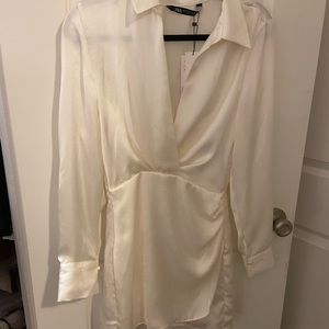 Zara Short Satin Dress with Long Sleeves Oyster White XS NWT